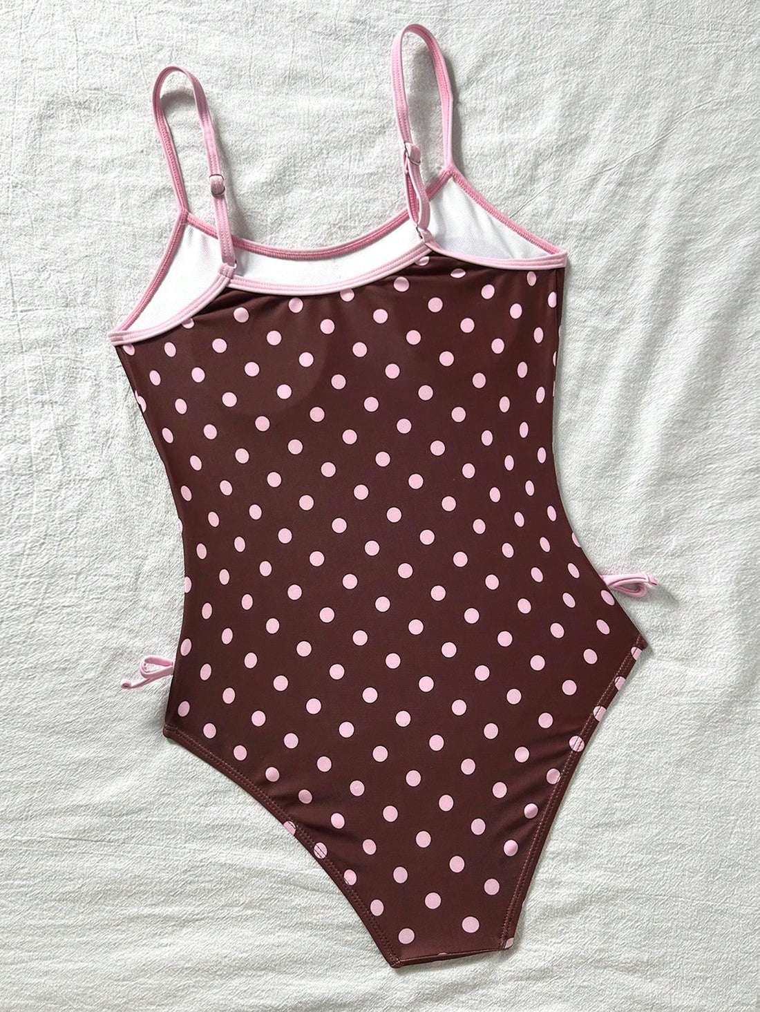 Kids Tween Girl Brown And Pink Polka Dot Print Contrast Color One-Piece Swimsuit,Cute Fashionable Summer Beach Holiday Style For Spring/Summer