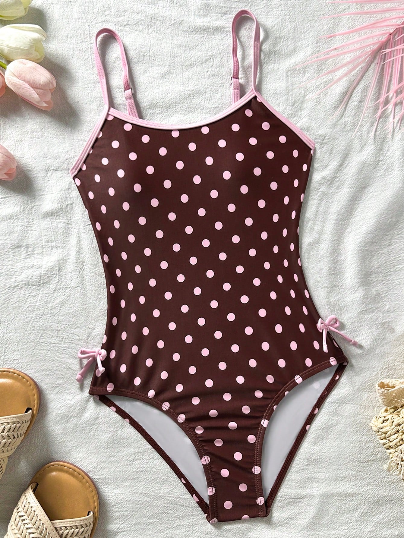 Kids Tween Girl Brown And Pink Polka Dot Print Contrast Color One-Piece Swimsuit,Cute Fashionable Summer Beach Holiday Style For Spring/Summer