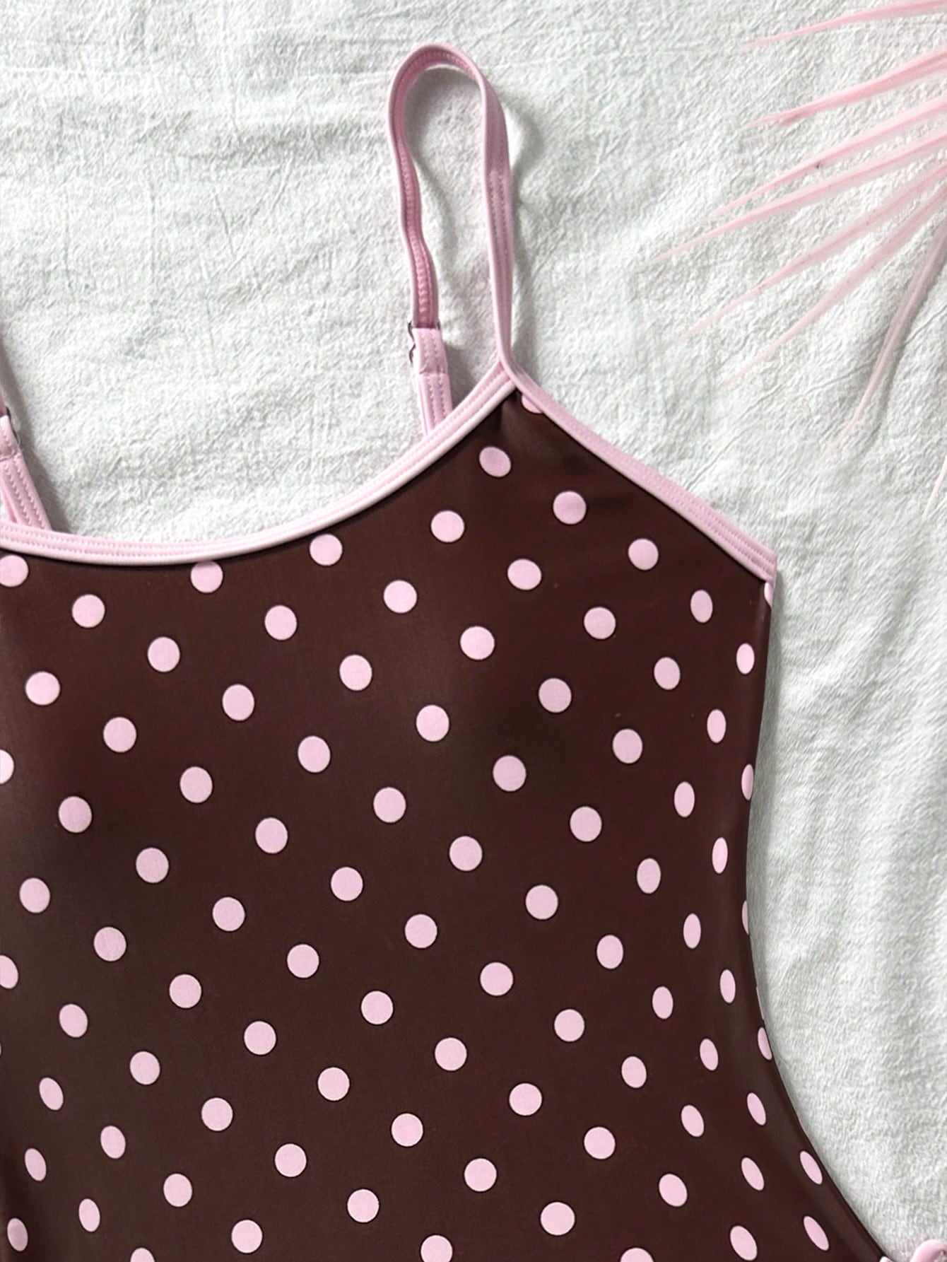 Kids Tween Girl Brown And Pink Polka Dot Print Contrast Color One-Piece Swimsuit,Cute Fashionable Summer Beach Holiday Style For Spring/Summer