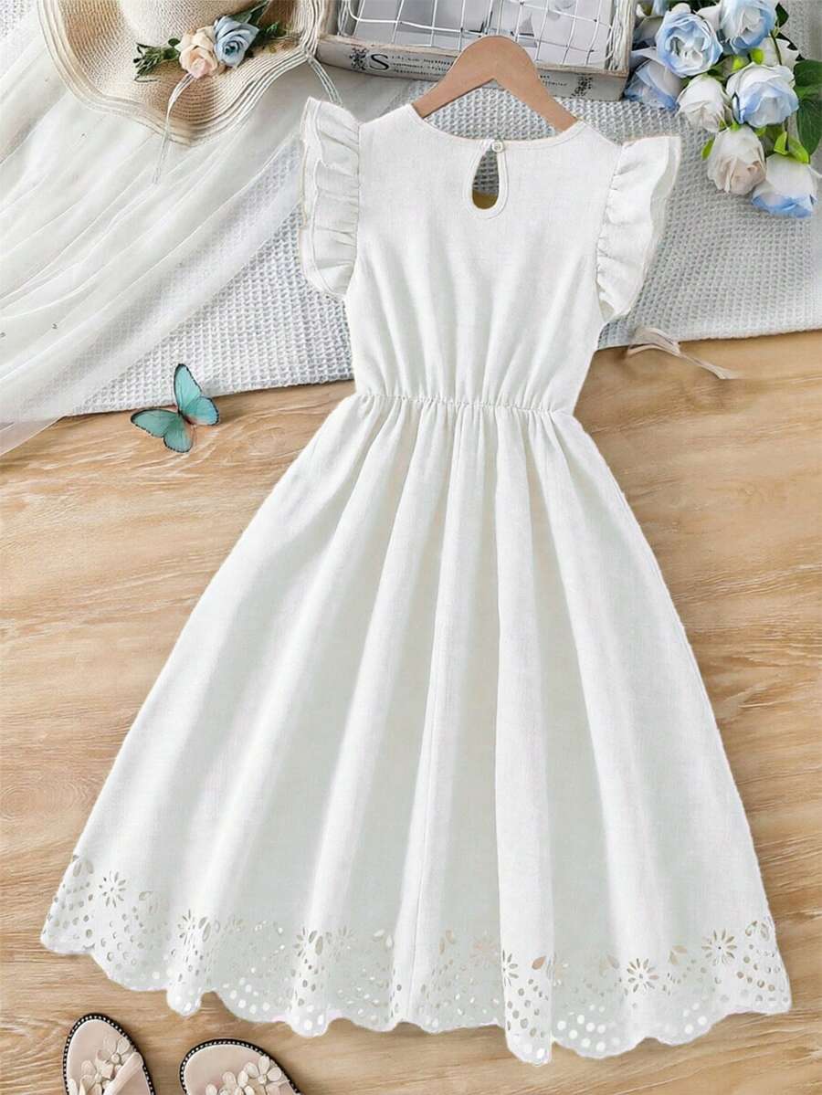 Tween girls dusty blue casual A-line dress with round neck, ruffle accents, high waist, and flared hem.