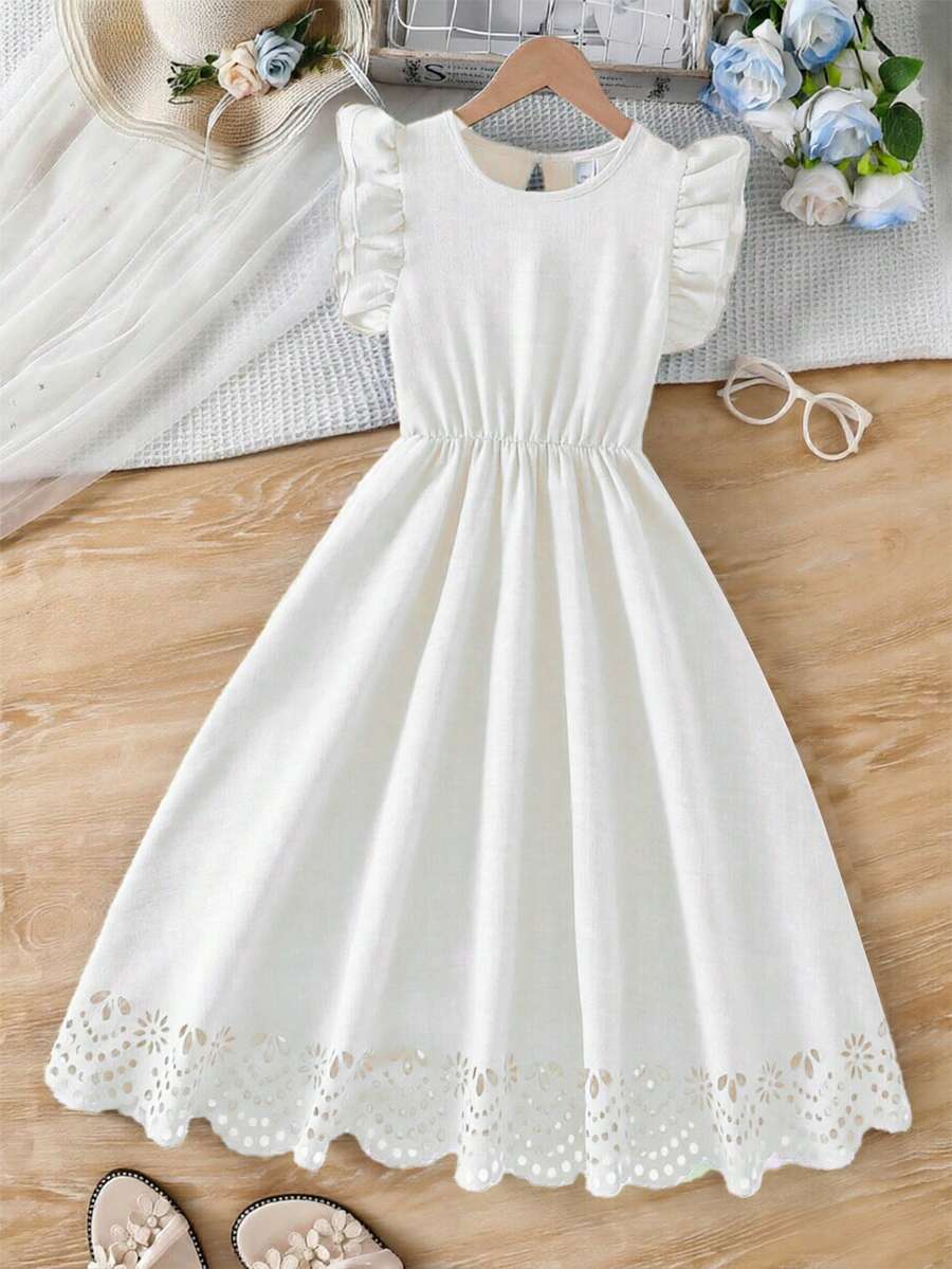 Tween girls dusty blue casual A-line dress with round neck, ruffle accents, high waist, and flared hem.