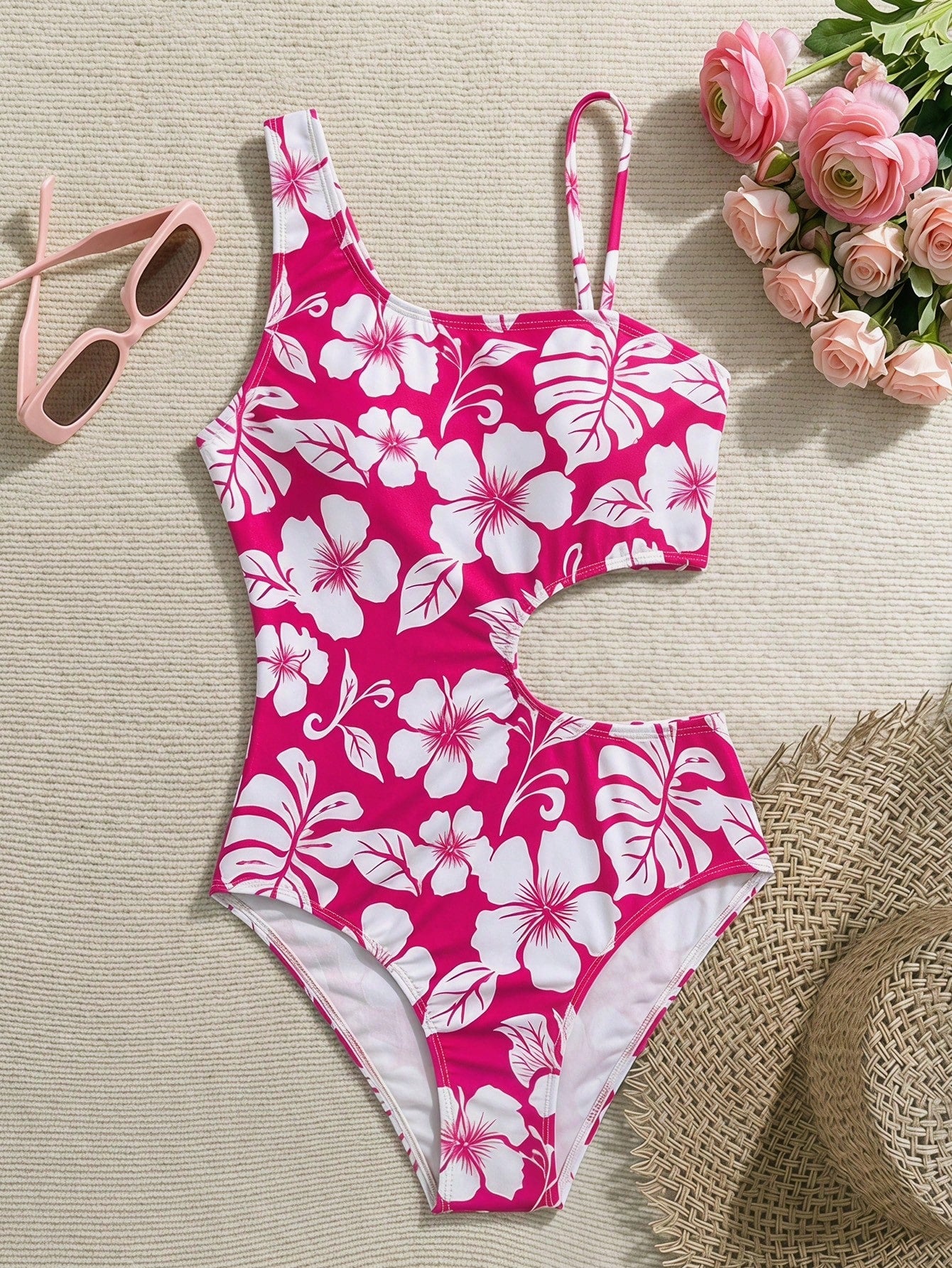 Tween girls' black and white one-piece swimsuit with striped patchwork design, scoop neck, asymmetrical cut-out detail, and fitted vacation swimwear style.