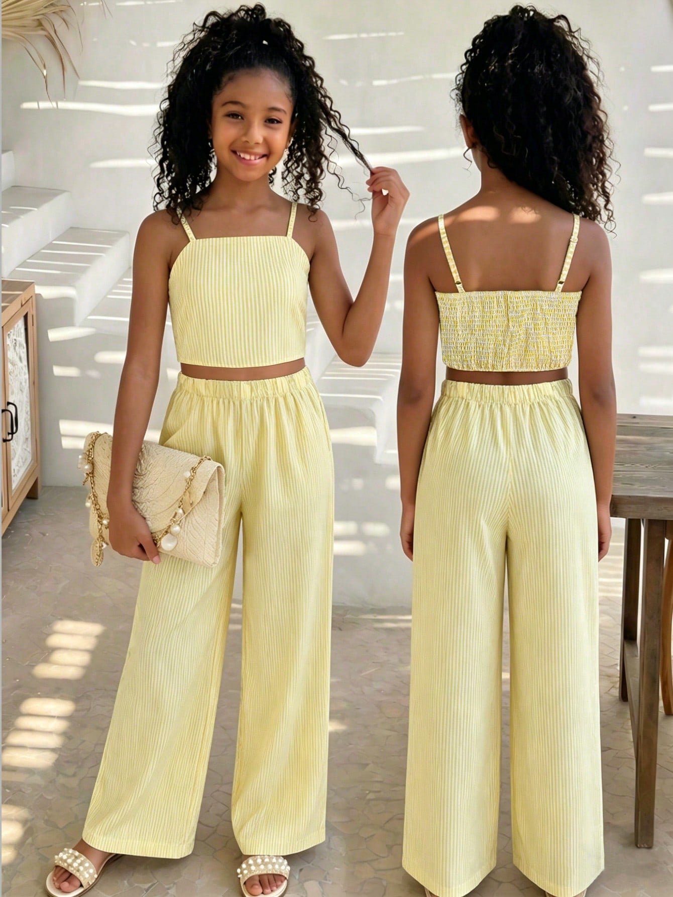 Tween girls casual 2-piece set featuring an apricot woven camisole crop top with back shirring and matching high-waisted loose long pants.