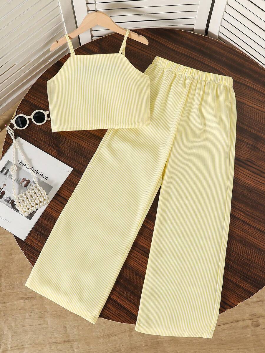 Tween girls casual 2-piece set featuring an apricot woven camisole crop top with back shirring and matching high-waisted loose long pants.