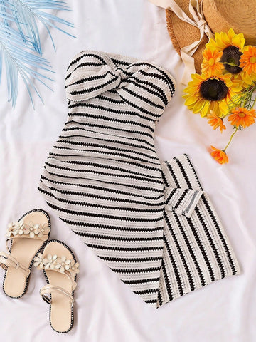 Tween girl sleeveless cami midi dress with strapless neckline, plant pattern, slim fit, natural waist, and slit hem in a multicolor vacation style.