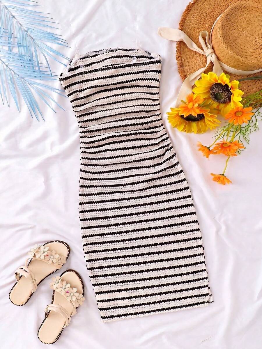 Tween girl sleeveless cami midi dress with strapless neckline, plant pattern, slim fit, natural waist, and slit hem in a multicolor vacation style.