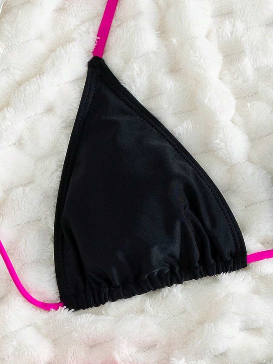 Women's striped halter two-piece swimsuit featuring a lace-up triangle top with removable padding and high-cut low-waist bikini bottoms.
