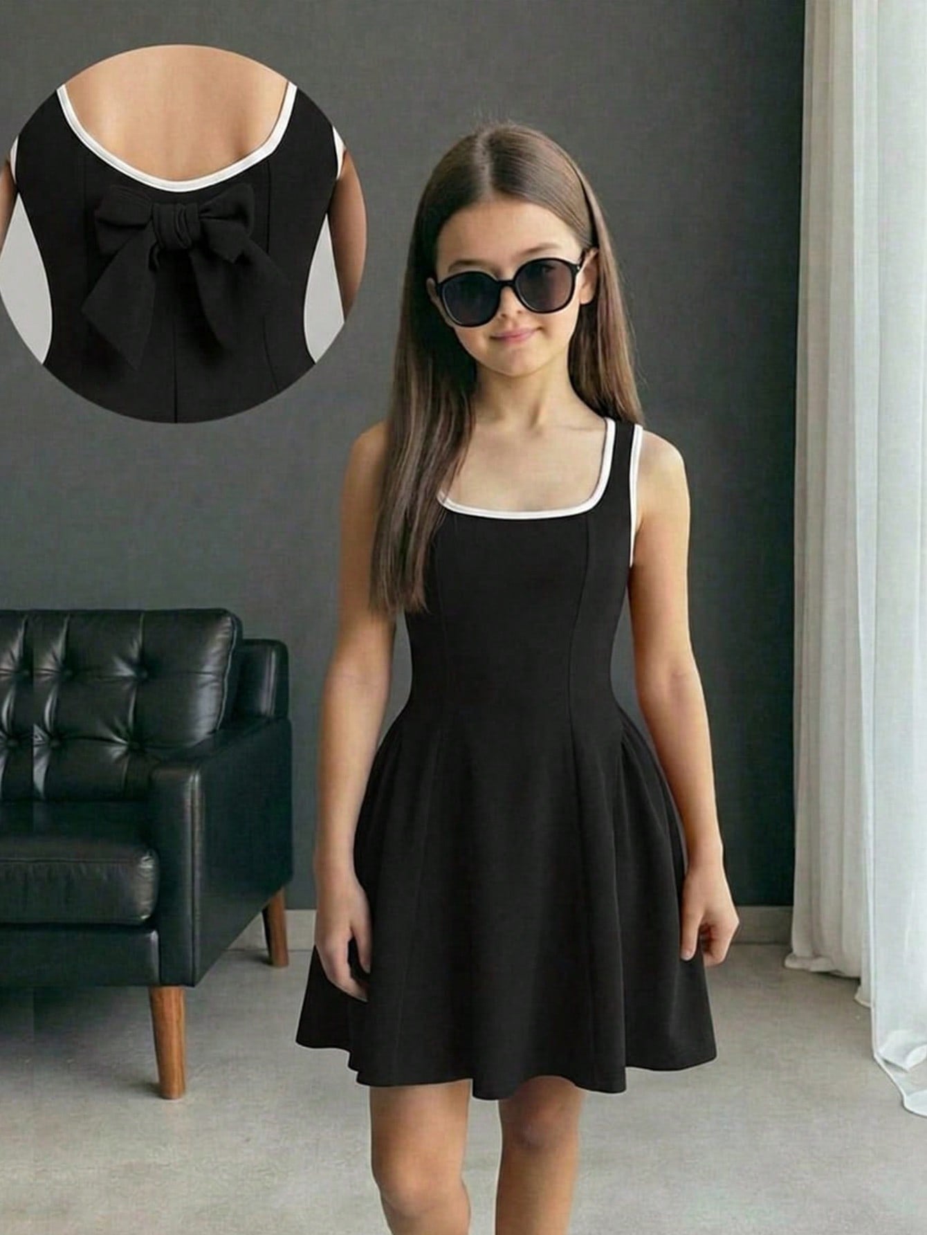 Apricot short-sleeve holiday party dress for tween girls featuring a square neckline, contrast lace details, high waist, flared A-line hem, and bowknot ruffle back detail.