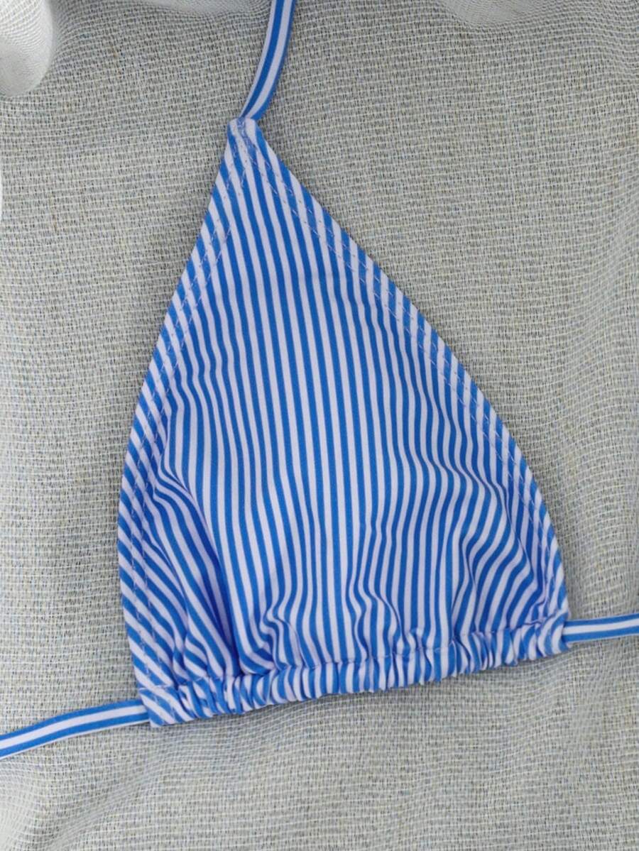 Women's striped halter two-piece swimsuit featuring a lace-up triangle top with removable padding and high-cut low-waist bikini bottoms.