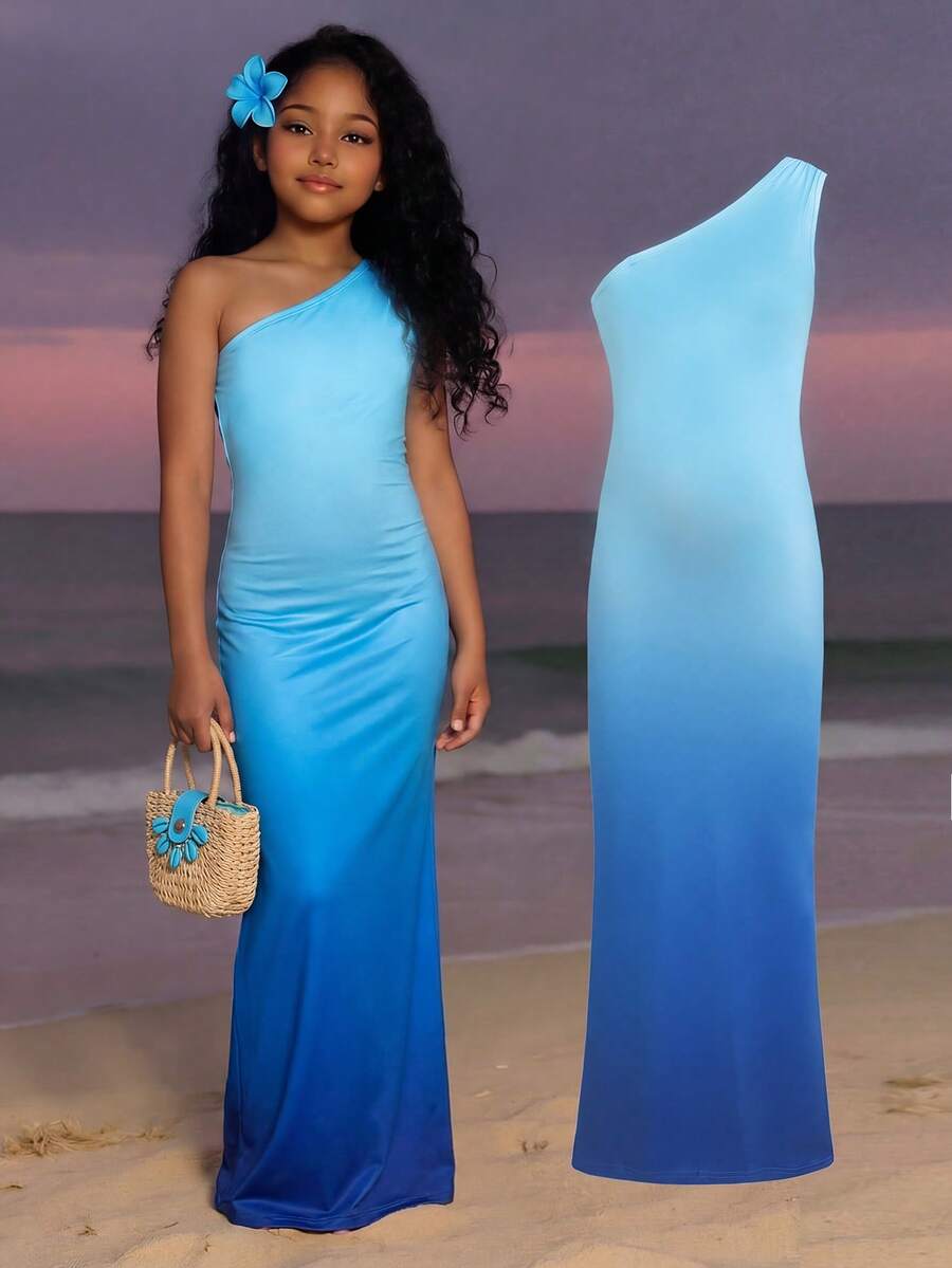 Tween girls long floral print cami dress with spaghetti straps, slim fit, slit hem, and multicolor vacation beach style.