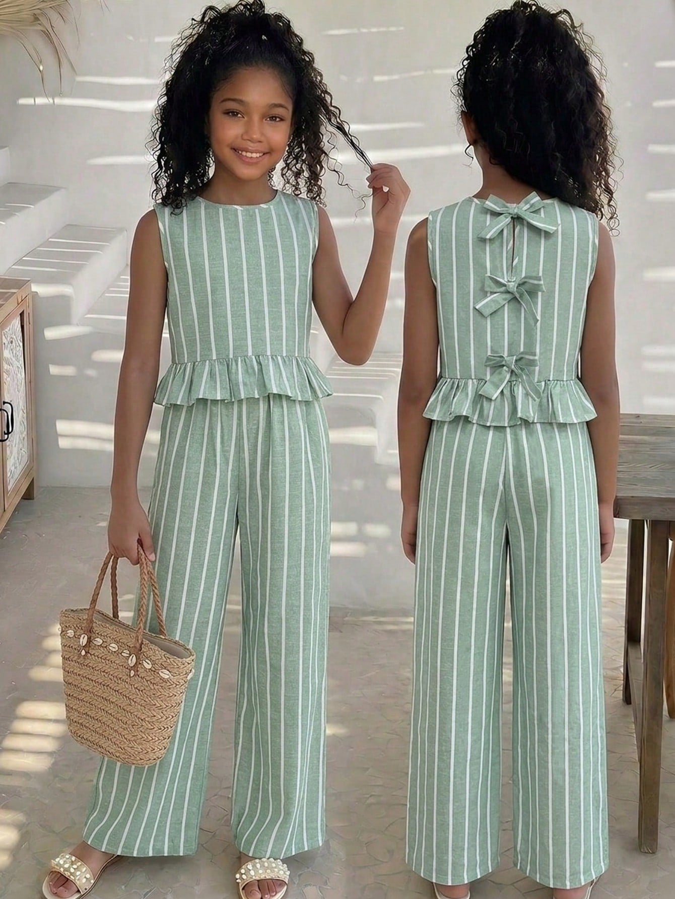 Tween girls casual apricot striped sleeveless top with round neck and ruffle hem paired with matching straight leg pants.