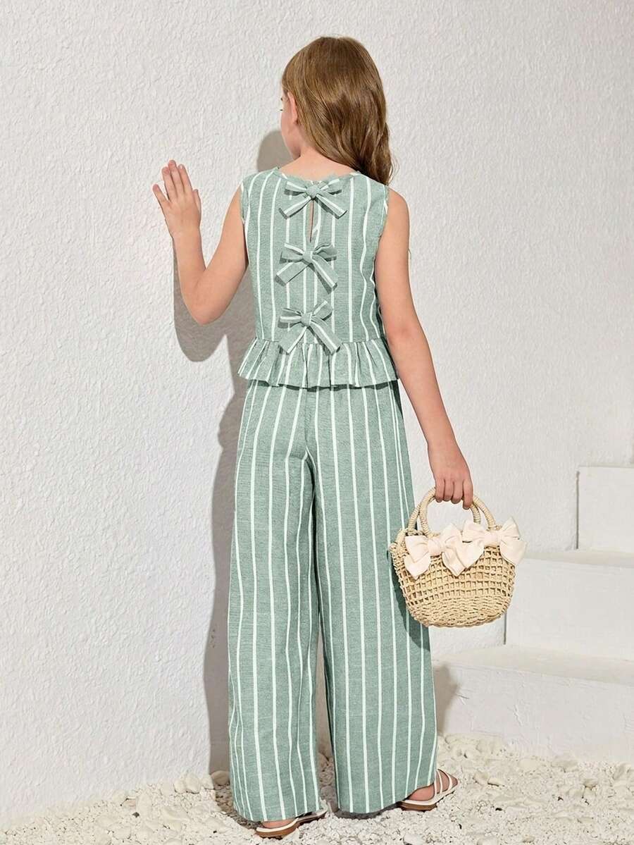 Tween girls casual apricot striped sleeveless top with round neck and ruffle hem paired with matching straight leg pants.