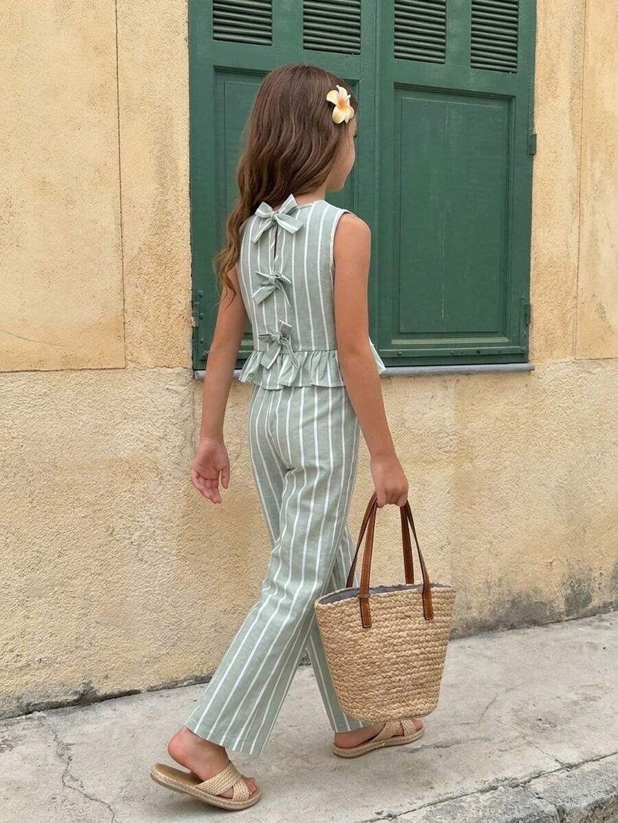 Tween girls casual apricot striped sleeveless top with round neck and ruffle hem paired with matching straight leg pants.
