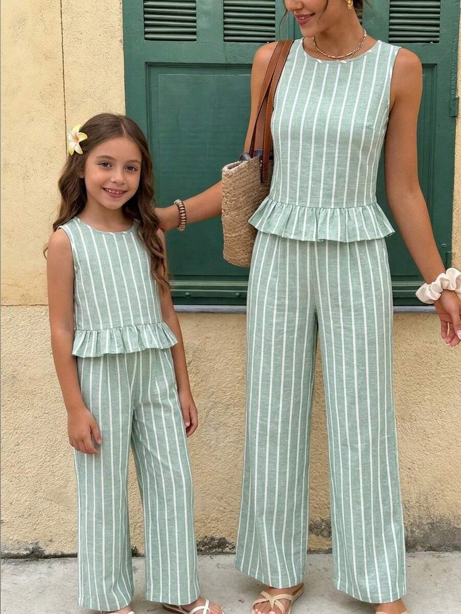 Tween girls casual apricot striped sleeveless top with round neck and ruffle hem paired with matching straight leg pants.