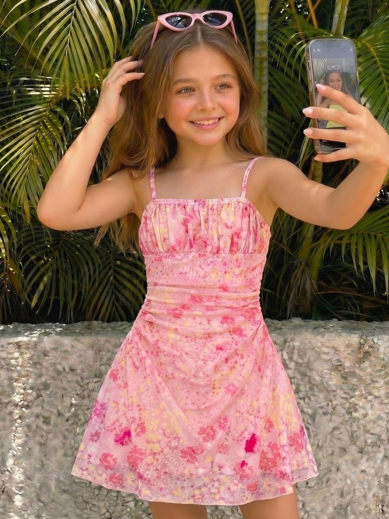 Apricot tween girls sleeveless halter cami dress with appliques, bow front, zipper detail, high waist, flared hem, and short slim fit design.