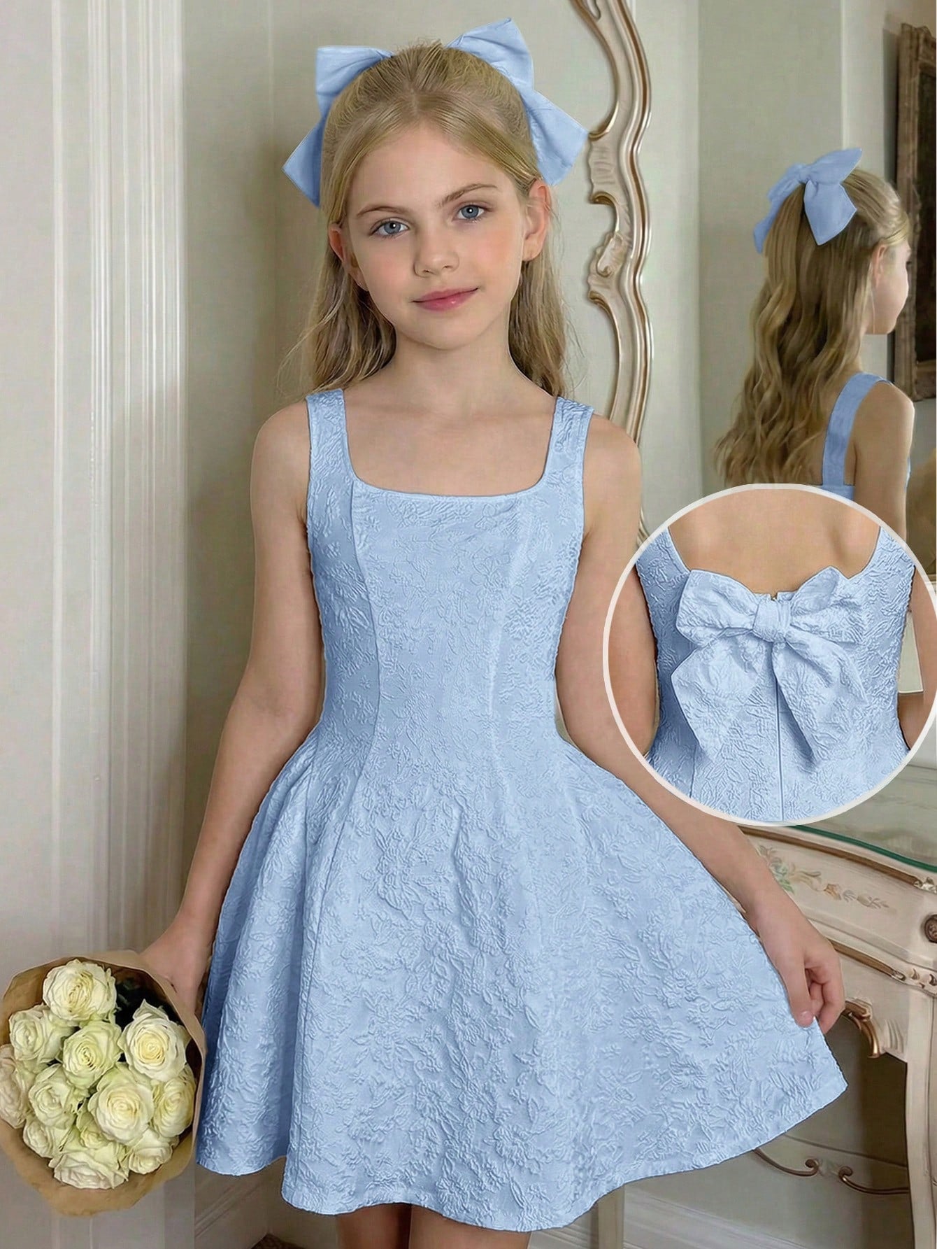 Black and white polka dot cami dress for tween girls featuring a square neckline, high waist, and flared short A-line hem.
