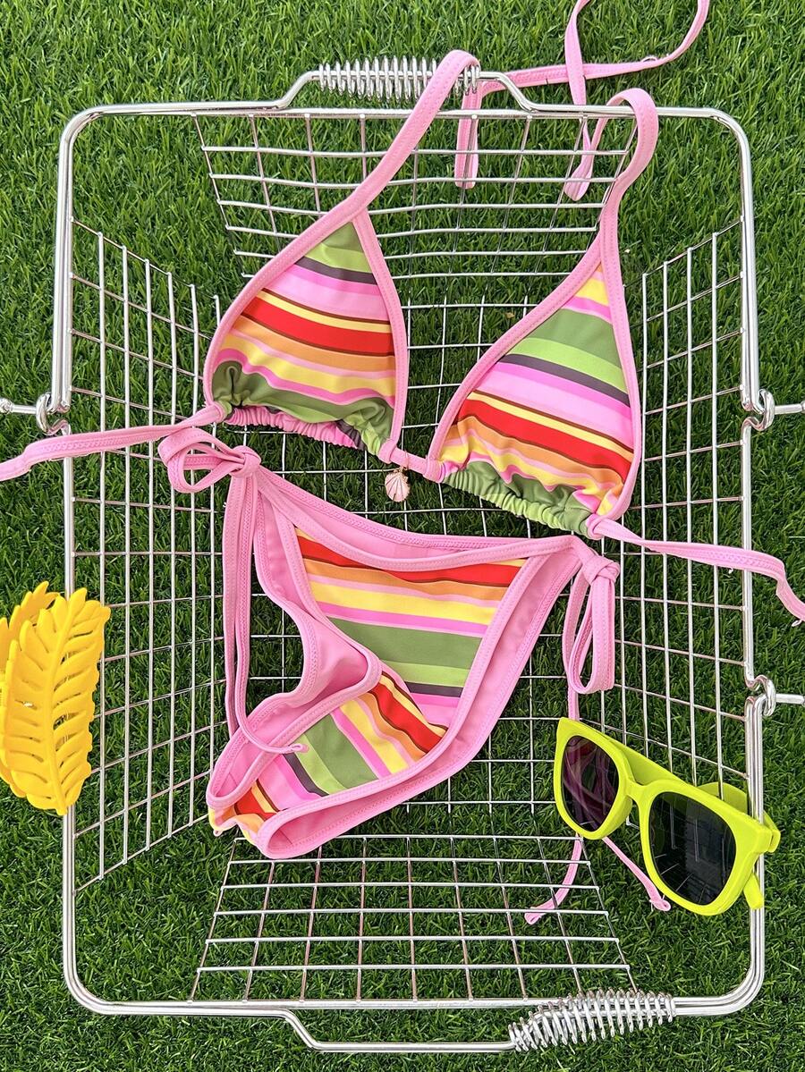 Apricot 2-piece bikini swimwear set featuring a textured halter triangle cup top with knot details and matching tie-side bottoms for women.