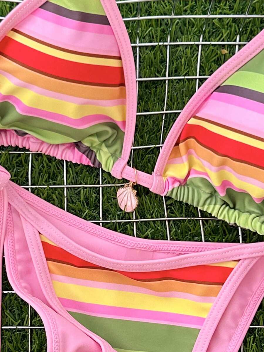 Apricot 2-piece bikini swimwear set featuring a textured halter triangle cup top with knot details and matching tie-side bottoms for women.