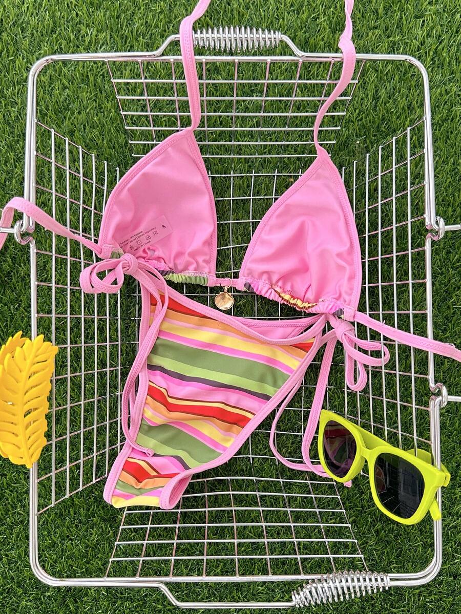 Apricot 2-piece bikini swimwear set featuring a textured halter triangle cup top with knot details and matching tie-side bottoms for women.