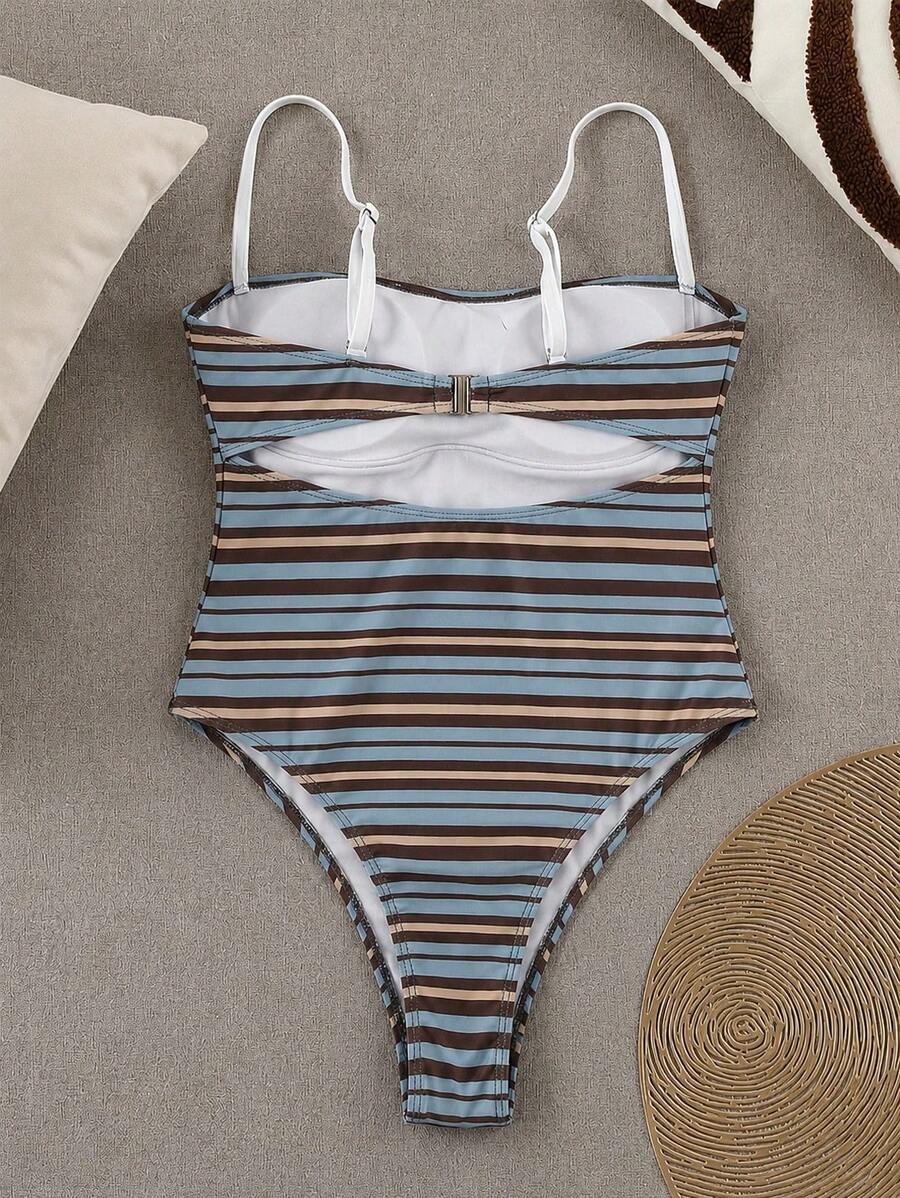 Black colorblock women's one-piece swimsuit with spaghetti straps and high stretch fabric.