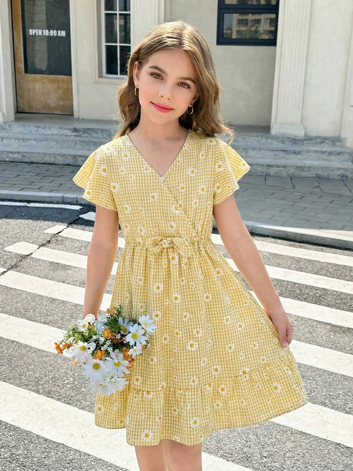 Tween girl wearing a black ditsy floral A-line short dress with V-neckline and flounce short sleeves.