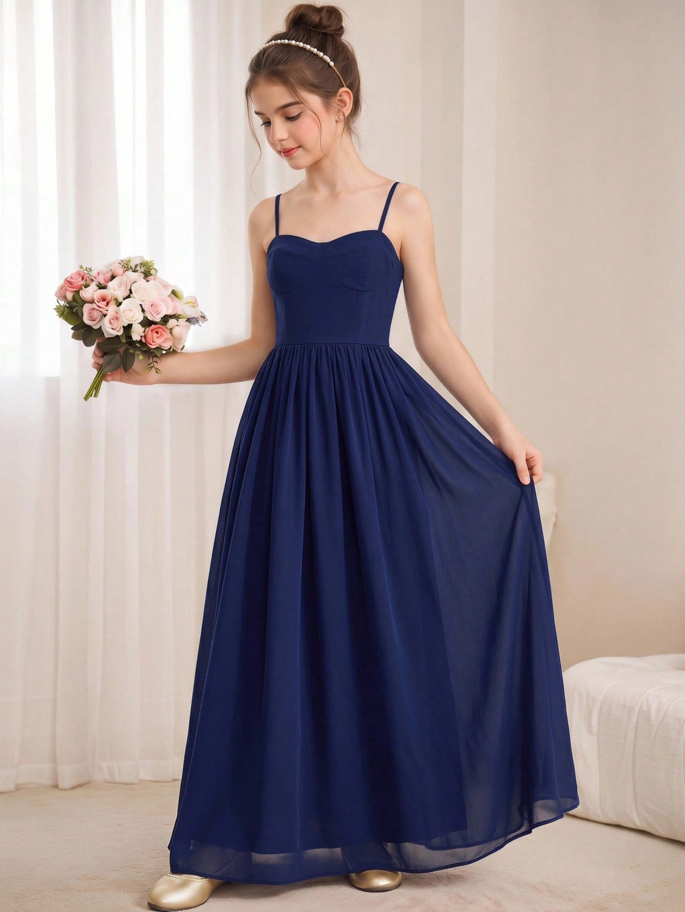 Tween girls apricot polka dot long cami dress with shoulder straps, high waist, and flared A-line skirt.