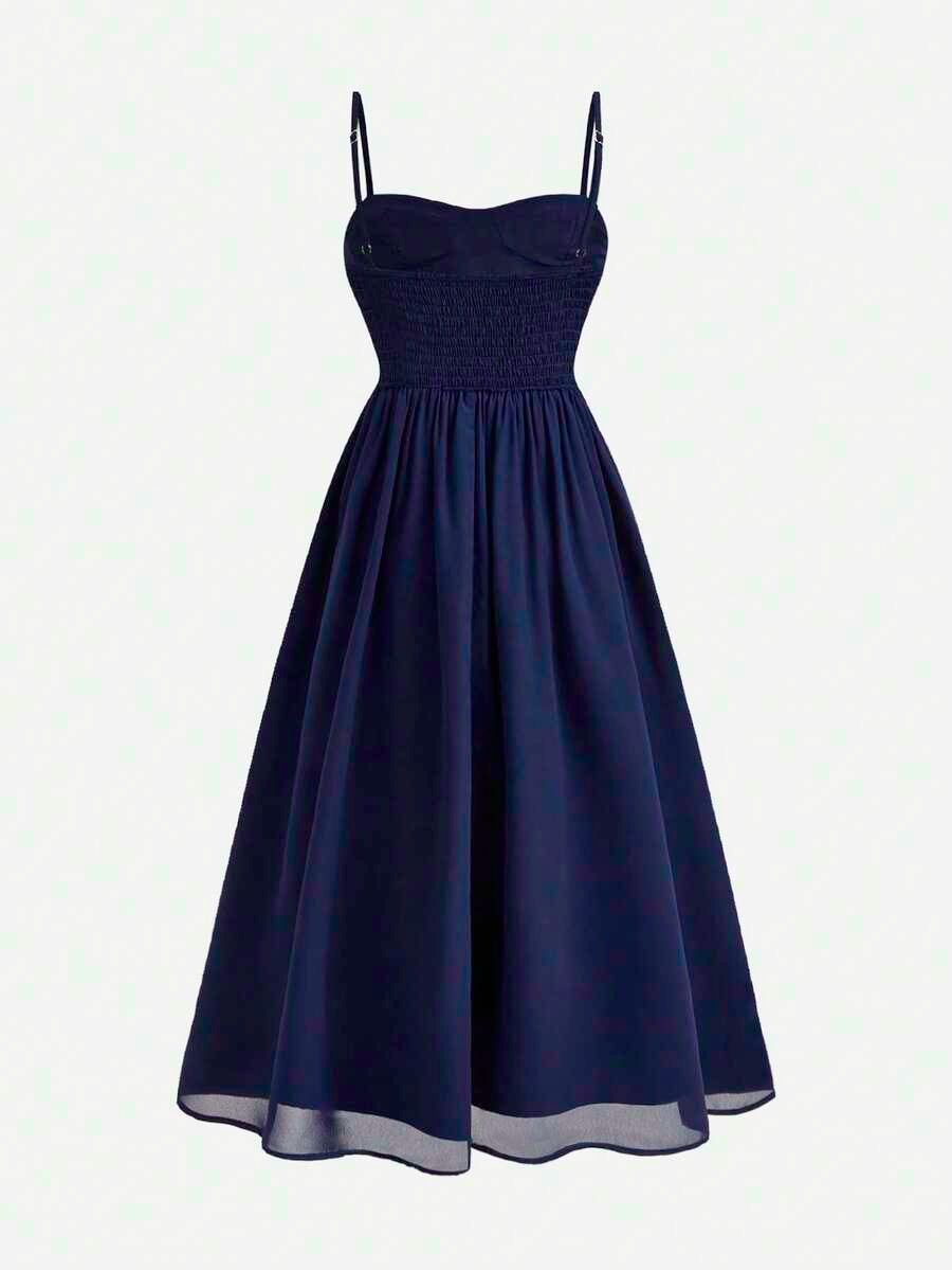 Tween girls apricot polka dot long cami dress with shoulder straps, high waist, and flared A-line skirt.