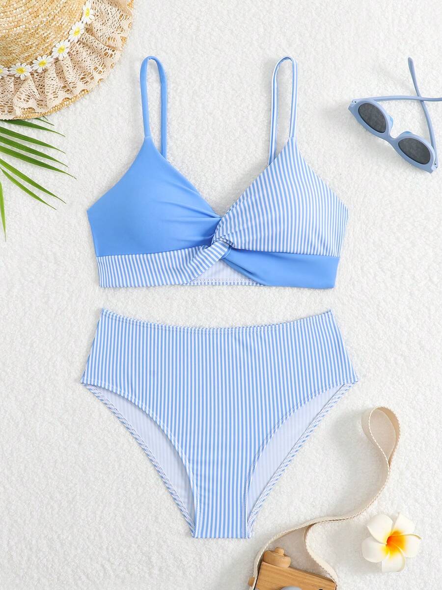Tween girls multicolor striped 2-piece bikini set with spaghetti strap top, twist detail, and short high-waist or mid-waist swim bottoms for beach and pool wear.