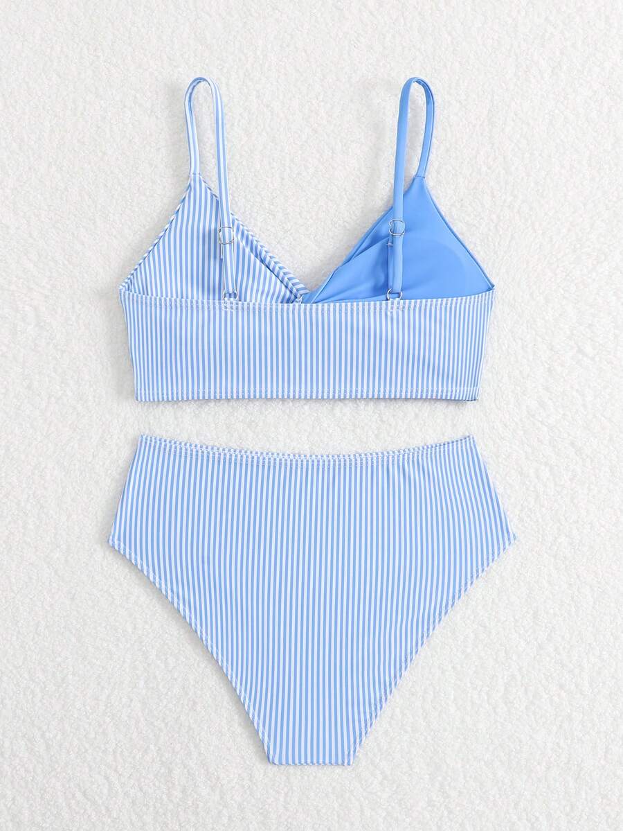 Tween girls multicolor striped 2-piece bikini set with spaghetti strap top, twist detail, and short high-waist or mid-waist swim bottoms for beach and pool wear.