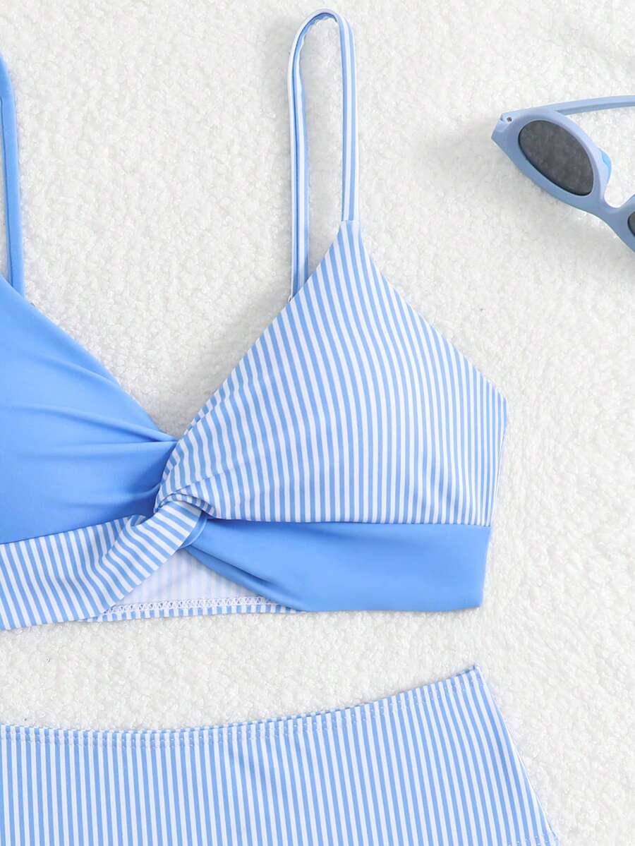 Tween girls multicolor striped 2-piece bikini set with spaghetti strap top, twist detail, and short high-waist or mid-waist swim bottoms for beach and pool wear.