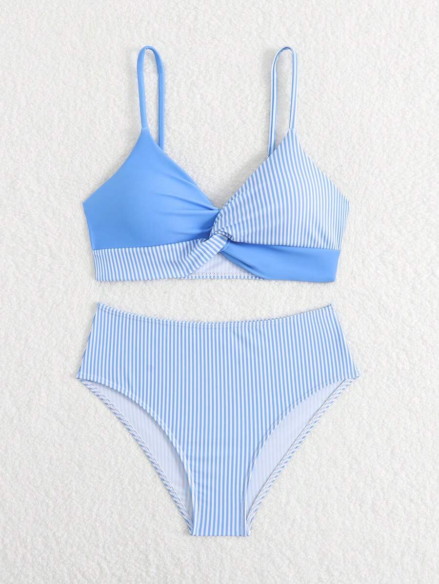 Tween girls multicolor striped 2-piece bikini set with spaghetti strap top, twist detail, and short high-waist or mid-waist swim bottoms for beach and pool wear.