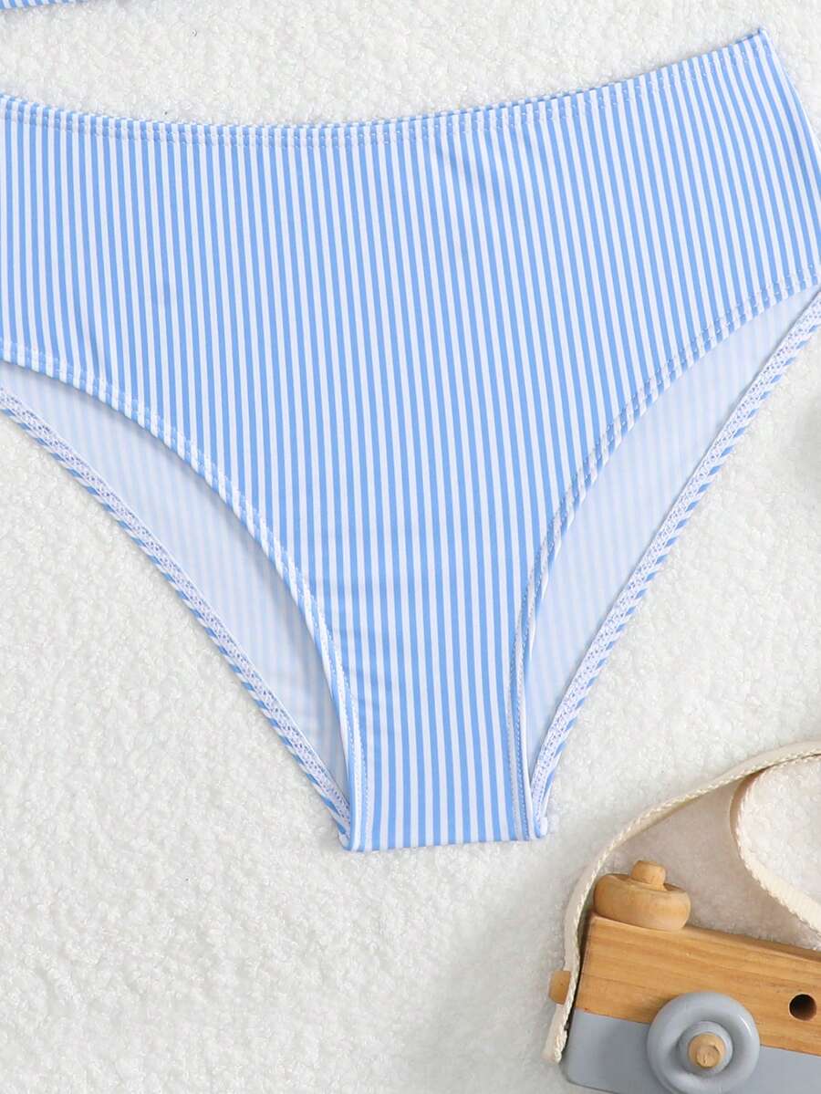 Tween girls multicolor striped 2-piece bikini set with spaghetti strap top, twist detail, and short high-waist or mid-waist swim bottoms for beach and pool wear.