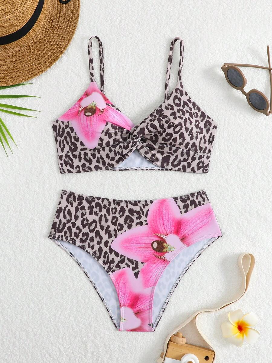 Tween girls multicolor striped 2-piece bikini set with spaghetti strap top, twist detail, and short high-waist or mid-waist swim bottoms for beach and pool wear.