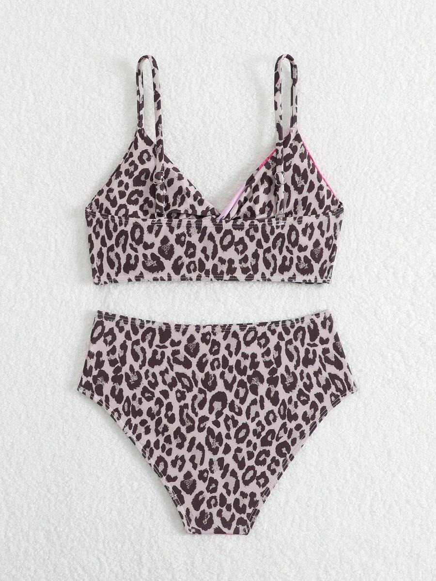 Tween girls multicolor striped 2-piece bikini set with spaghetti strap top, twist detail, and short high-waist or mid-waist swim bottoms for beach and pool wear.