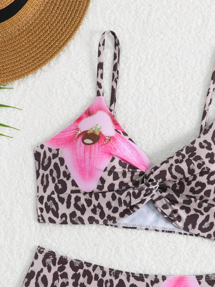 Tween girls multicolor striped 2-piece bikini set with spaghetti strap top, twist detail, and short high-waist or mid-waist swim bottoms for beach and pool wear.