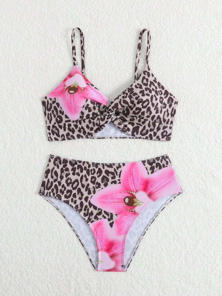 Tween girls multicolor striped 2-piece bikini set with spaghetti strap top, twist detail, and short high-waist or mid-waist swim bottoms for beach and pool wear.