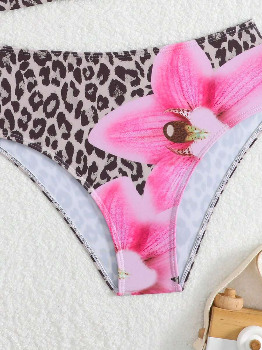 Tween girls multicolor striped 2-piece bikini set with spaghetti strap top, twist detail, and short high-waist or mid-waist swim bottoms for beach and pool wear.