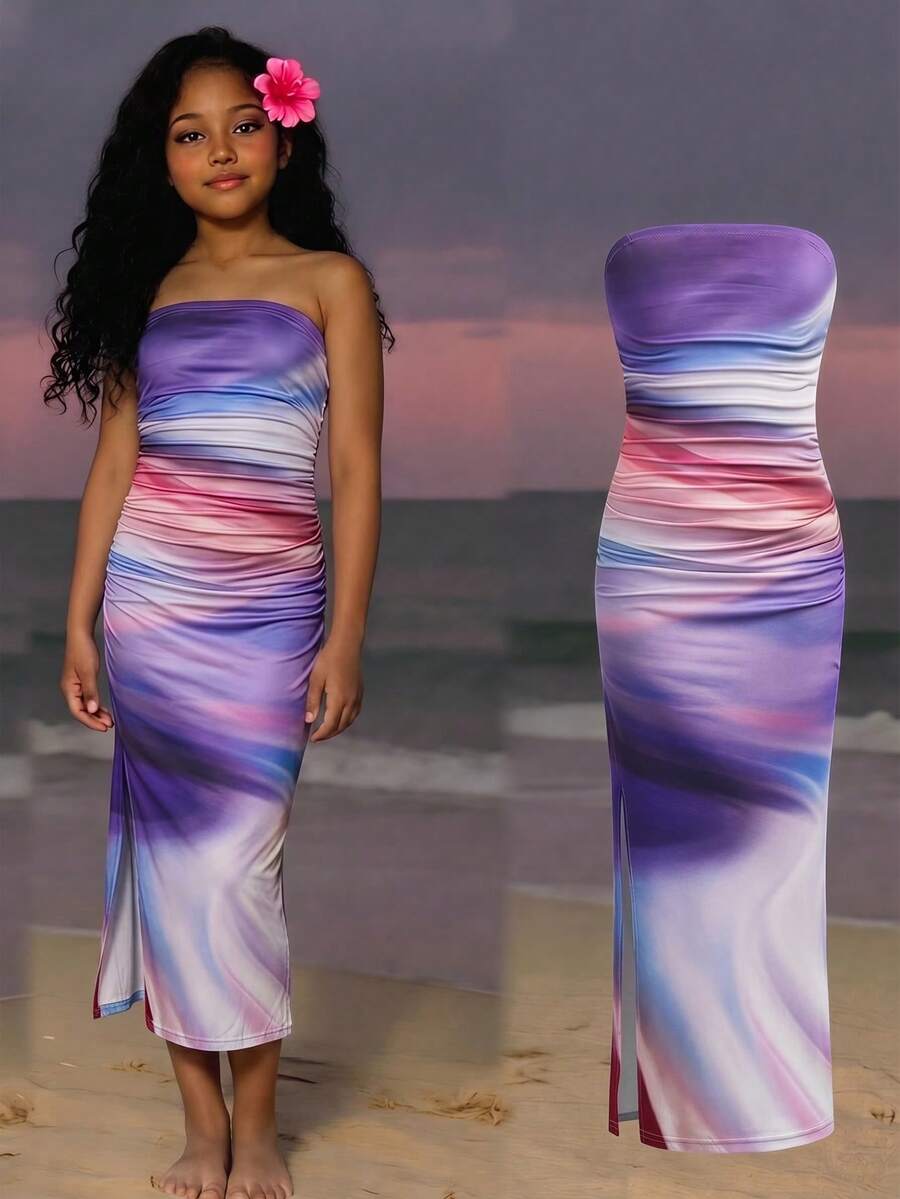 Tween girls multicolor floral print sleeveless halter midi dress with slit, slim fit, strapless neckline, zipper detail, and vacation beach style.