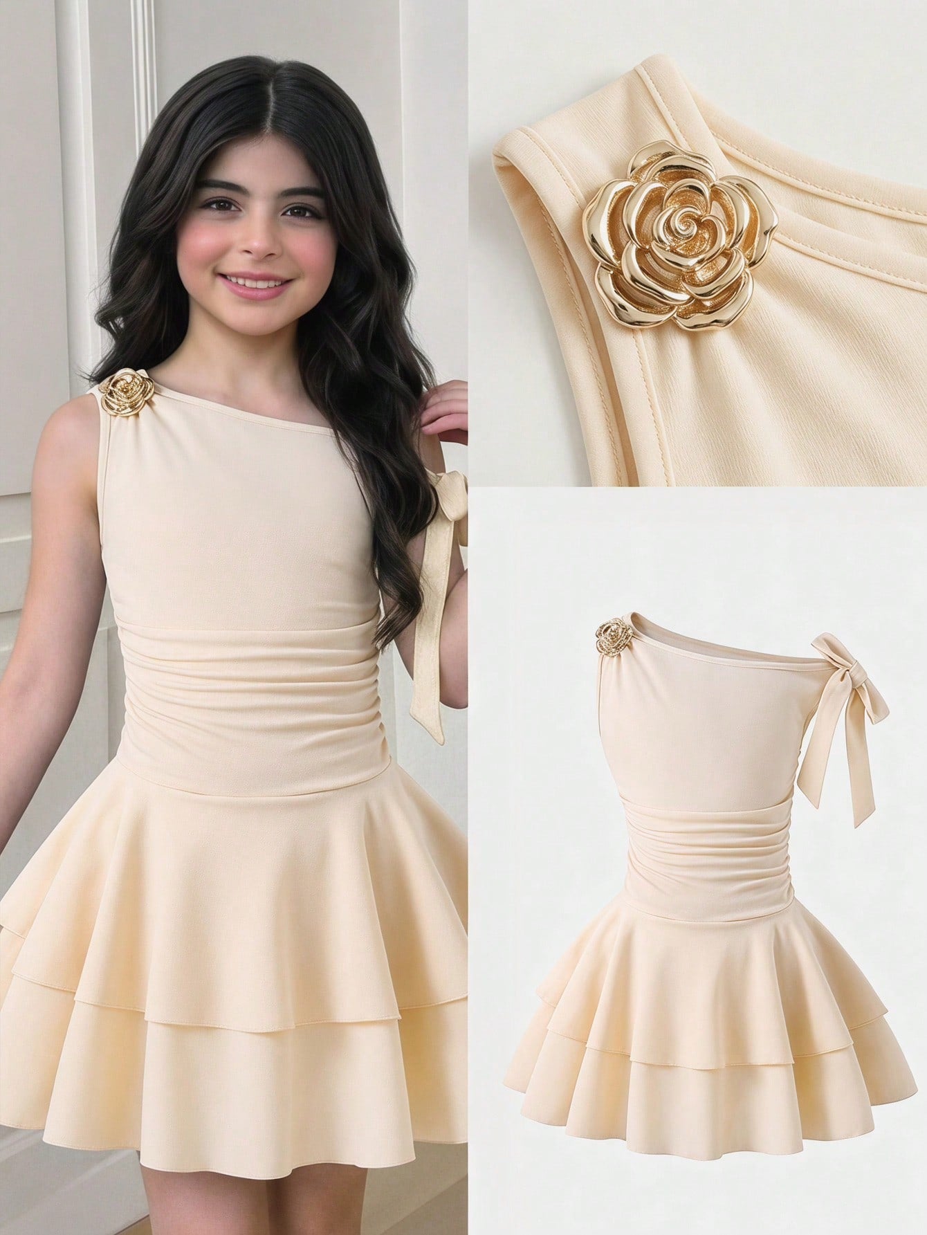 Tween girl wearing an apricot asymmetric skater dress with ruffle and applique details for party and formal occasions.