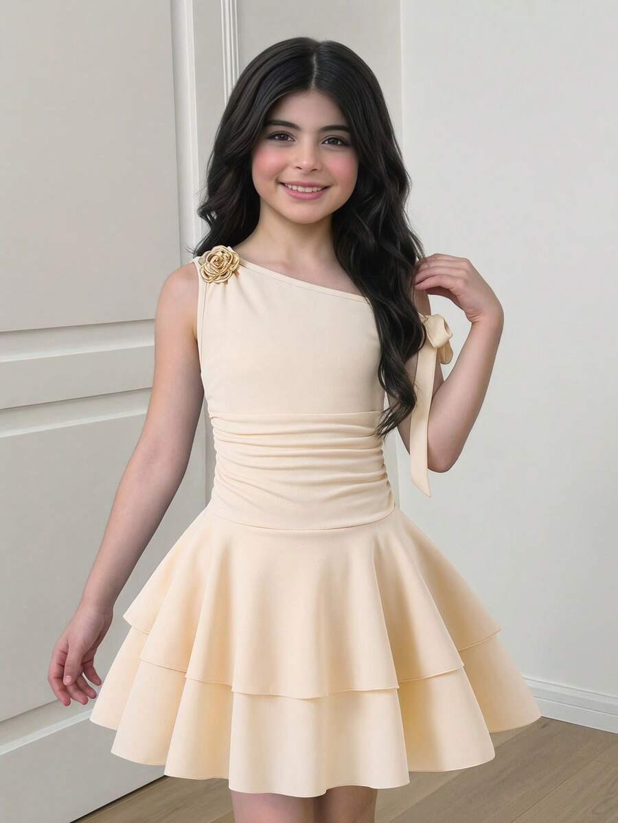 Tween girl wearing an apricot asymmetric skater dress with ruffle and applique details for party and formal occasions.