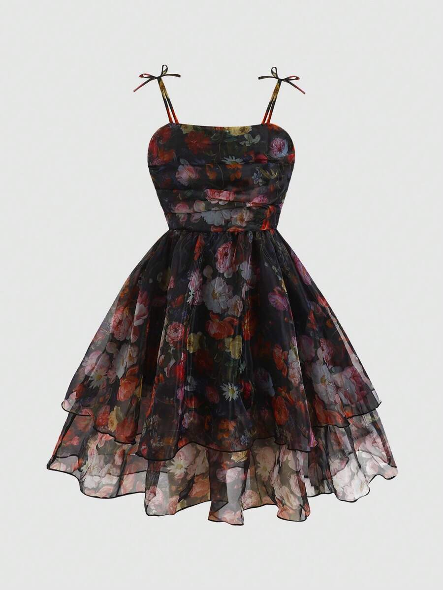 Tween girls apricot tiered cami dress with spaghetti straps, high waist, and slim fit layered hem.