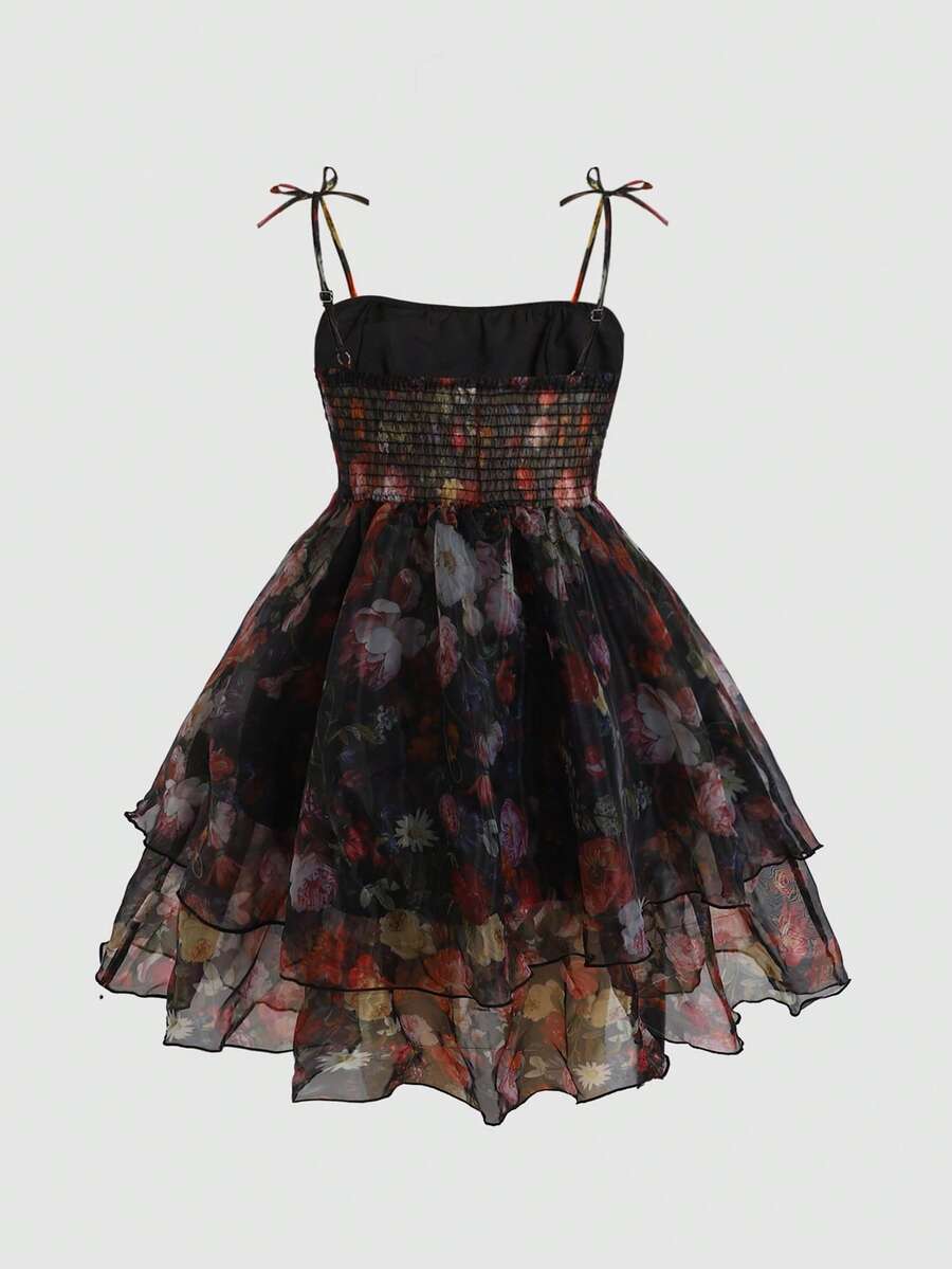 Tween girls apricot tiered cami dress with spaghetti straps, high waist, and slim fit layered hem.