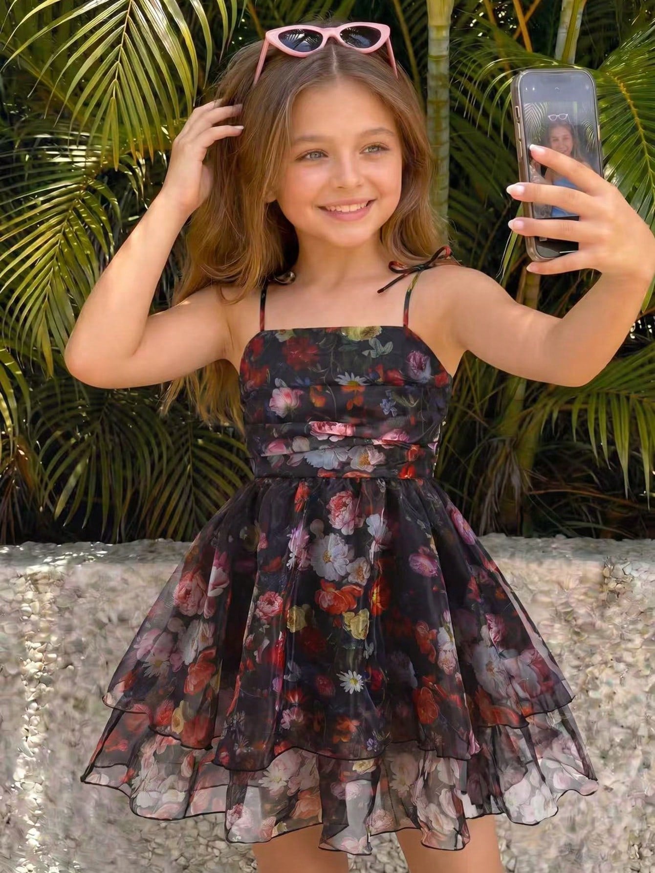 Tween girls apricot tiered cami dress with spaghetti straps, high waist, and slim fit layered hem.