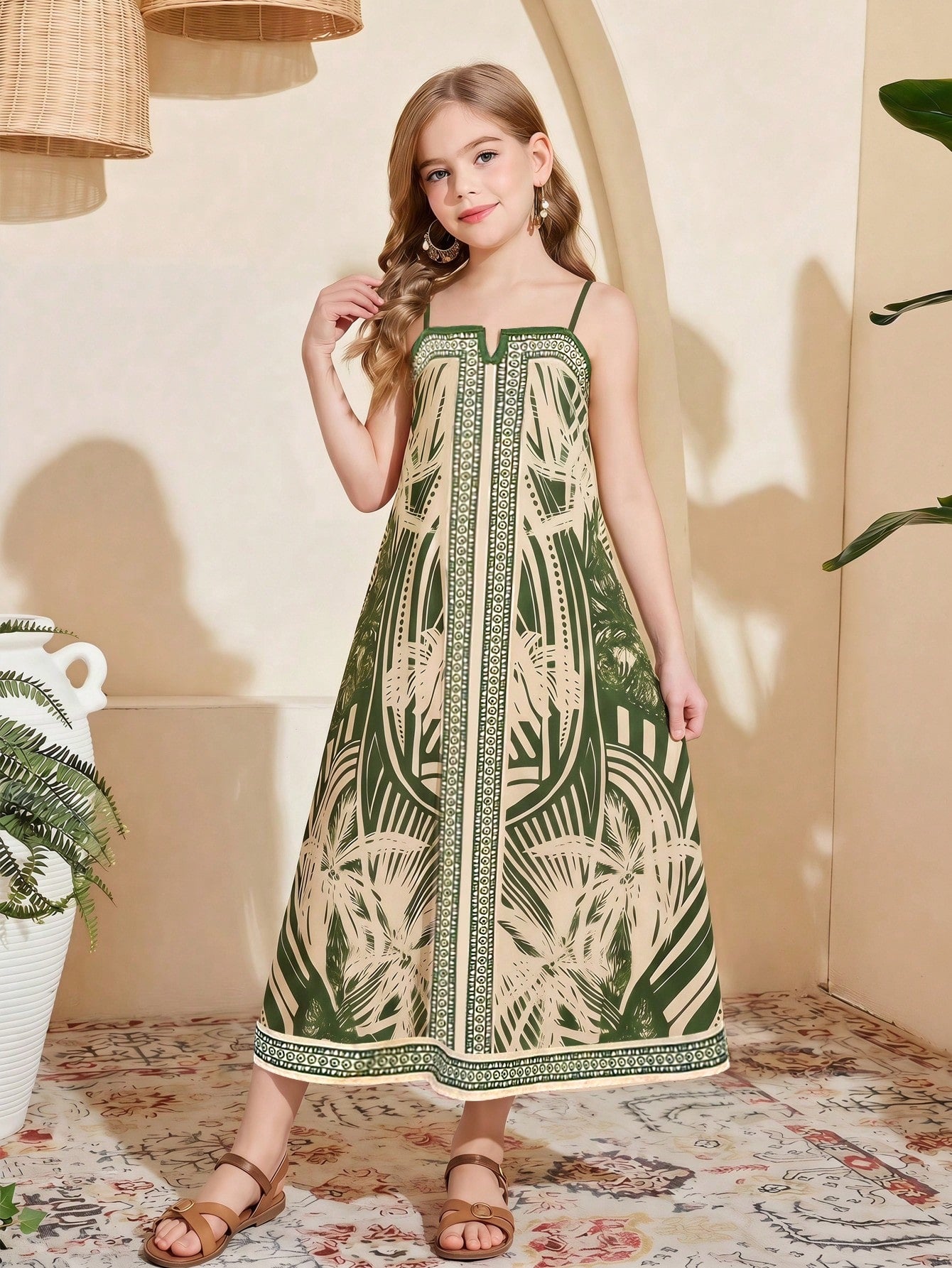 tween girls multicolor all-over printed spaghetti strap boho cami dress with sleeveless design, natural waist, flared hem, and long slim fit silhouette.