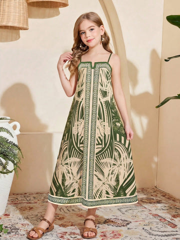 tween girls multicolor all-over printed spaghetti strap boho cami dress with sleeveless design, natural waist, flared hem, and long slim fit silhouette.