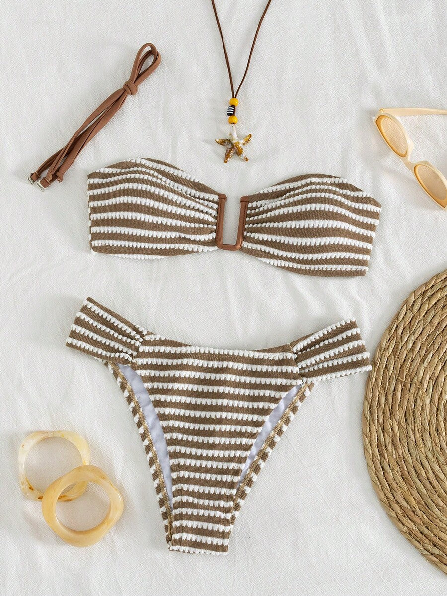Brown and white small plaid two-piece bikini set featuring a strapless ruched bustier top with back tie and high-waist bottoms.