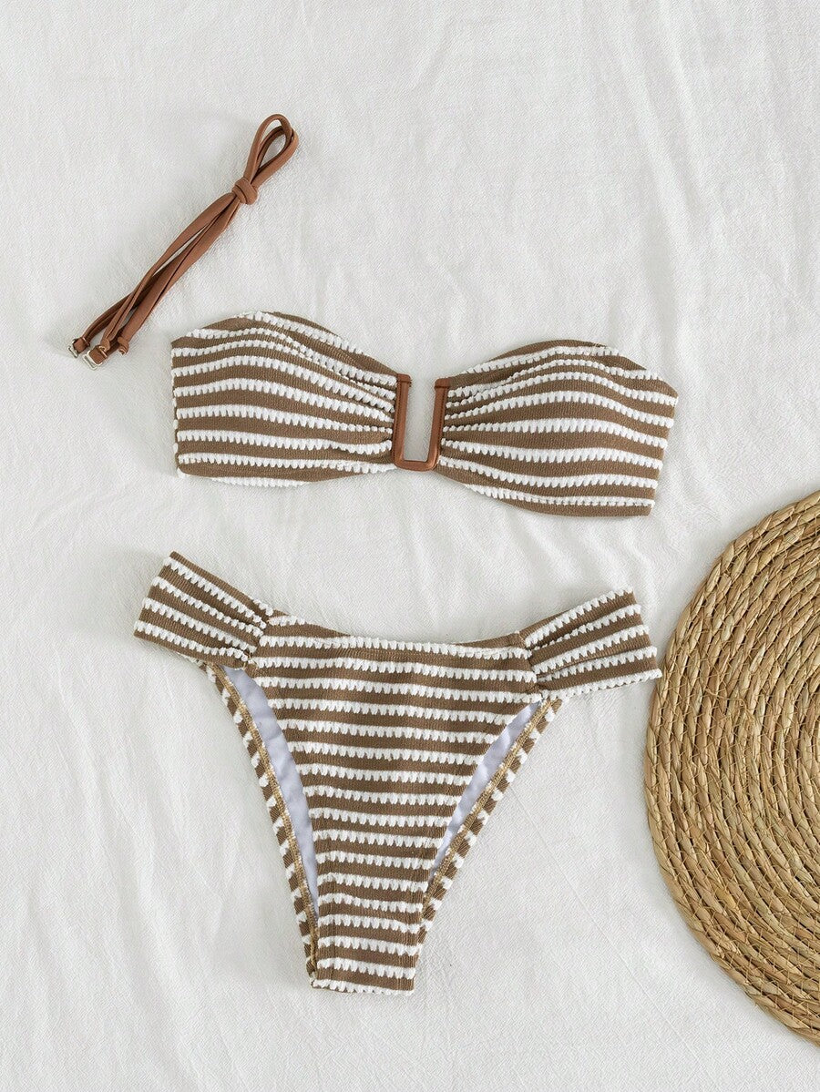 Brown and white small plaid two-piece bikini set featuring a strapless ruched bustier top with back tie and high-waist bottoms.