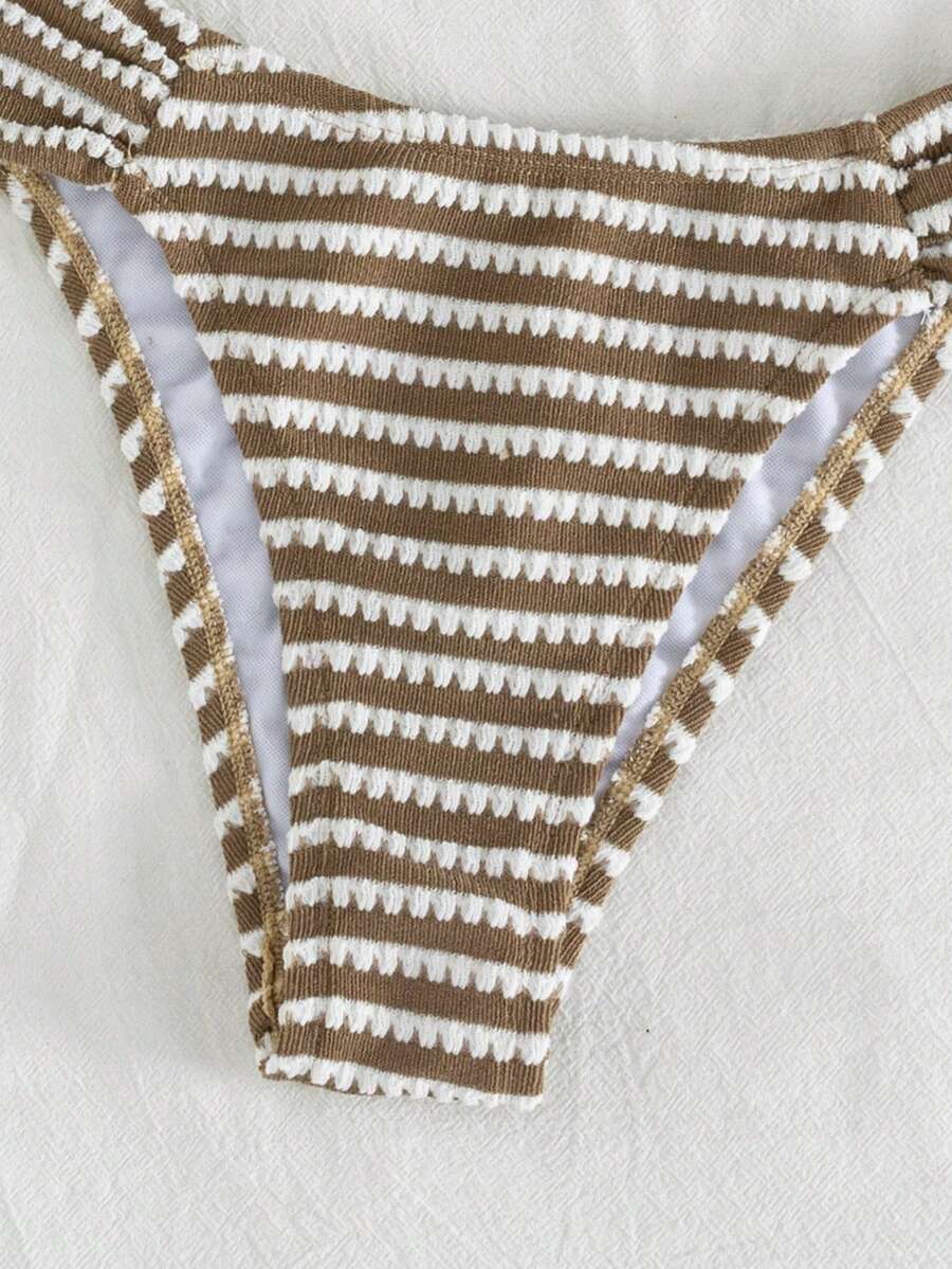 Brown and white small plaid two-piece bikini set featuring a strapless ruched bustier top with back tie and high-waist bottoms.