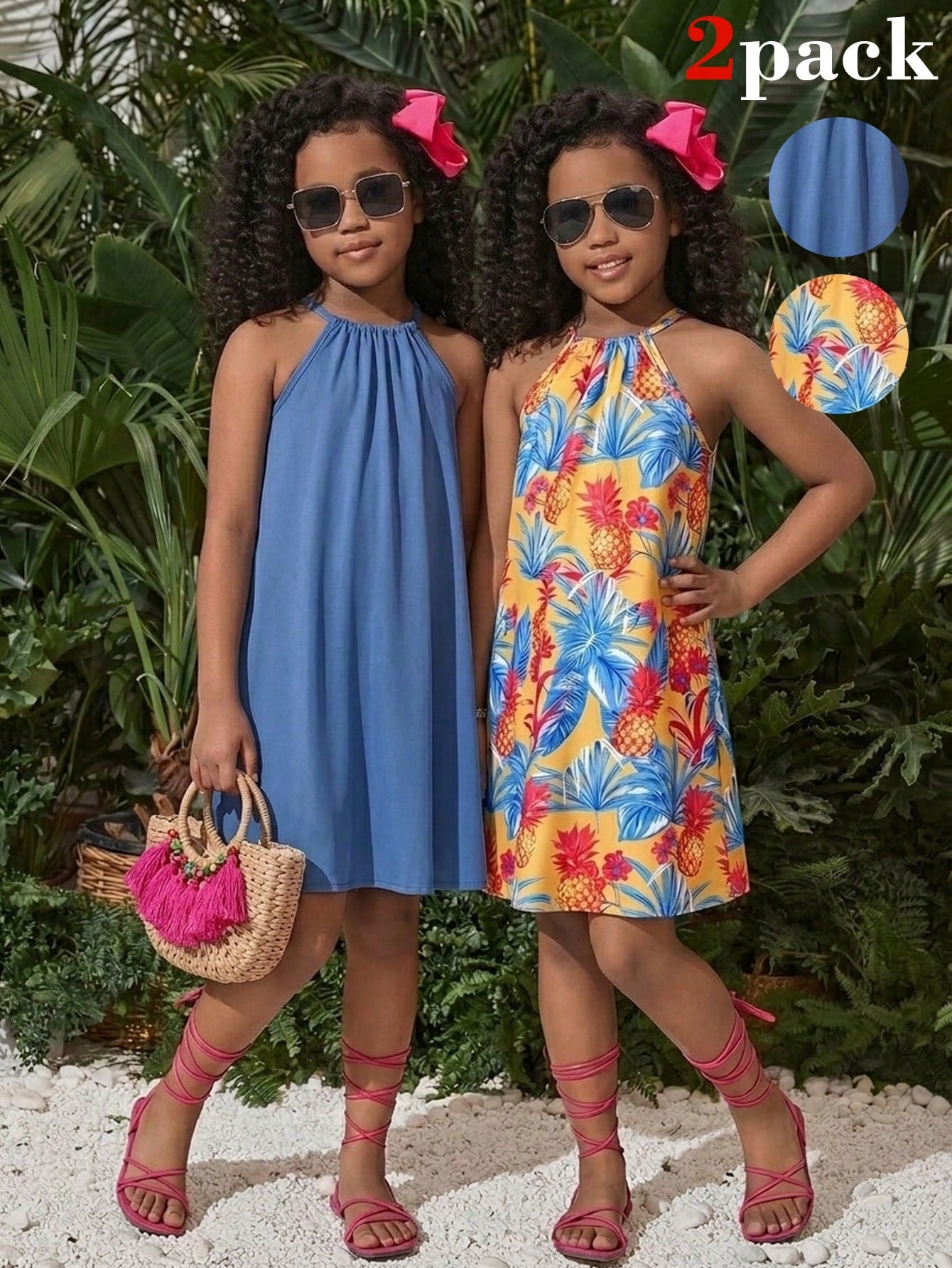 Tween girls floral print dress with halter neckline, sleeveless cold shoulder design, A-line shape, and vacation style.