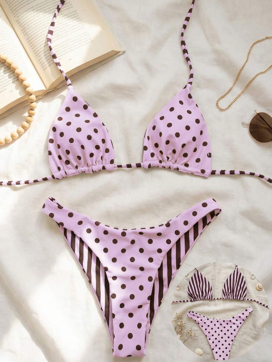 Women's two-piece halter bikini set featuring high cut thong bottoms and removable padding
